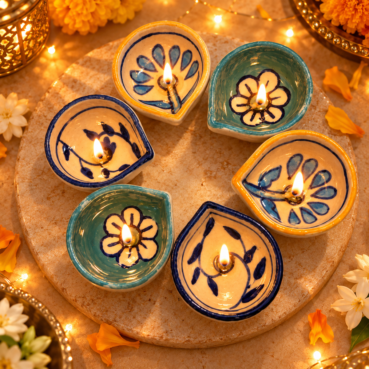 Floral Ceramic Diya Set