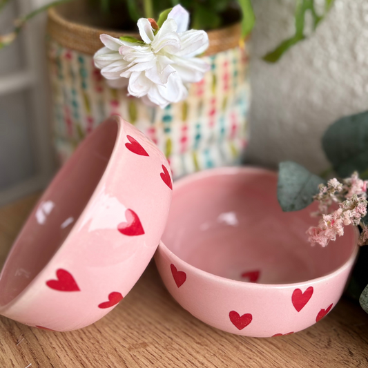 Heart print bowl, handmade ceramic bowl in pink, view 2