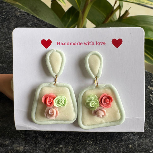 3 Roses Earrings, handmade ceramic earrings in green