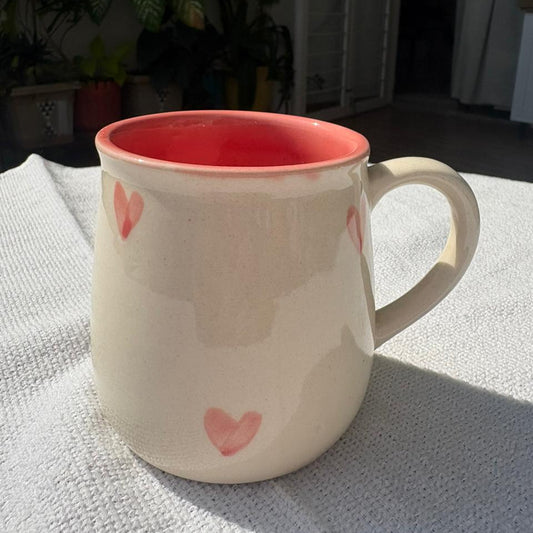 White Mug with Pink Hearts, handmade ceramic mug in pink