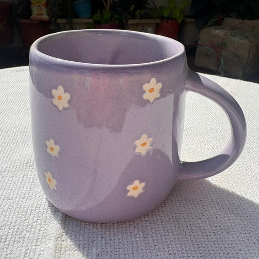 Purple Mug with Flowers, handmade ceramic mug in purple