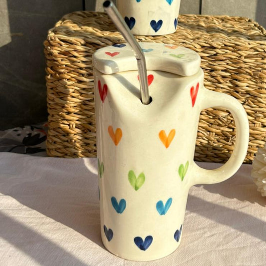 Multicolor Heart Sipper with Straw, handmade ceramic mug