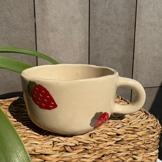 Strawberry Cappuccino Mug, handmade ceramic mug in beige