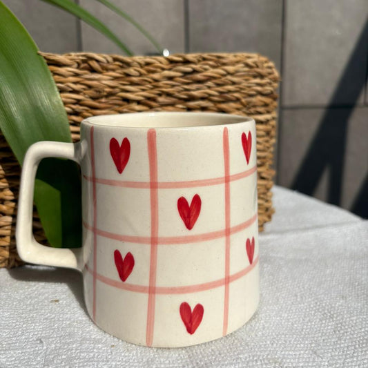 Checkered Mug, handmade ceramic mug in pink