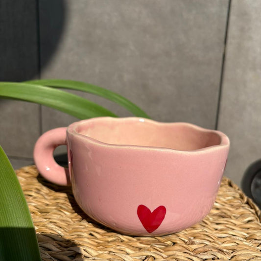 Pink Cappuccino Red Heart, handmade ceramic mug in pink