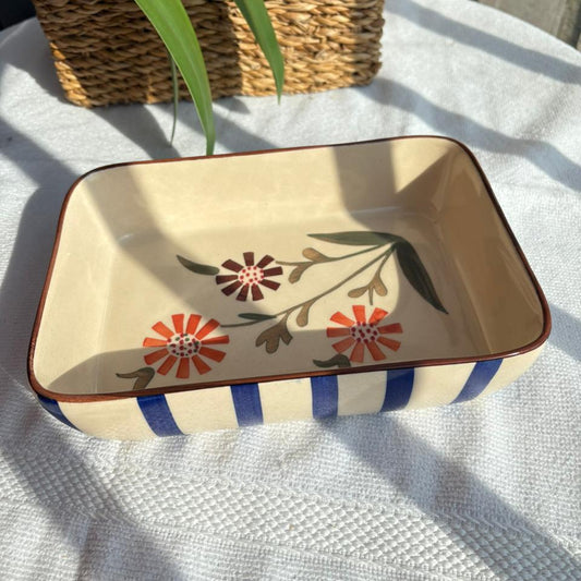 Floral Baking/ Serving Tray, handmade ceramic plate in beige