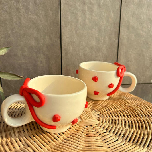 Red Bow Mug, handmade ceramic mug in red