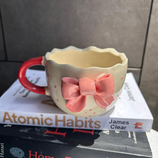 Pink Bow Mug, handmade ceramic mug in pink