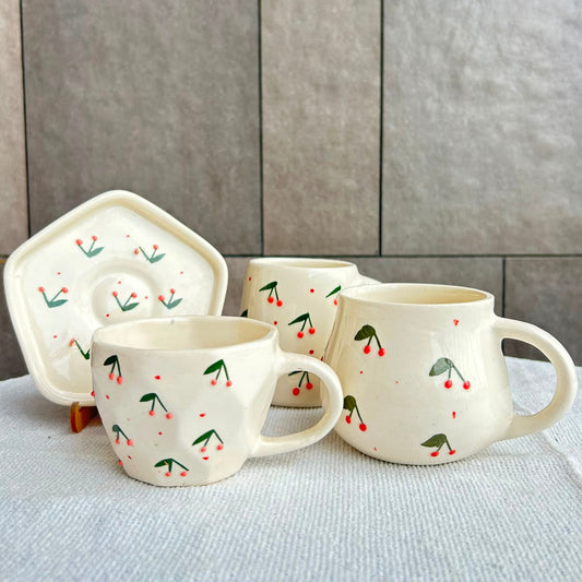 Cherry on Top Trio, handmade ceramic gift set in green