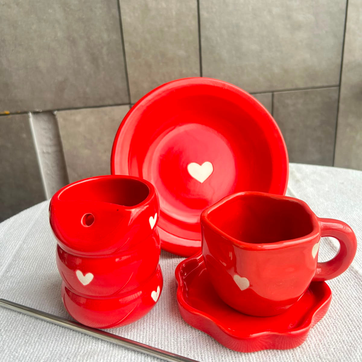 Love Triangle, handmade ceramic gift set in red