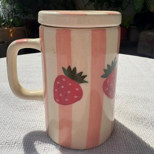 Strawberry Mug with Lid, handmade ceramic mug in pink