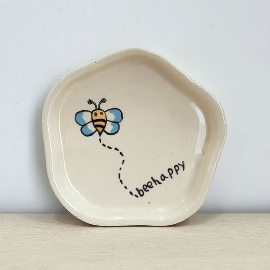 Bee Happy Snack Plate, handmade ceramic plate in white