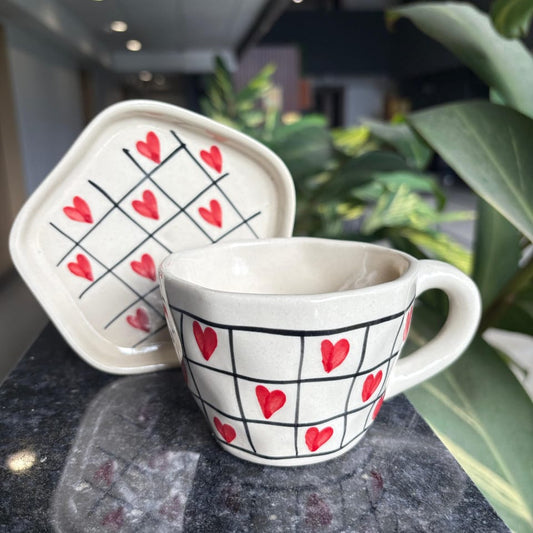 Checkered Heart Cup and Saucer, handmade ceramic cup and saucer in red