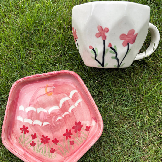 Custom cup and saucer, handmade ceramic cup and saucer in pink