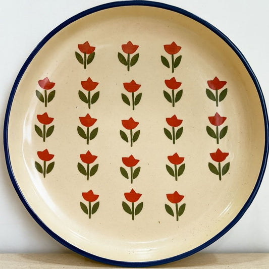 Red Floral Plate, handmade ceramic plate in red