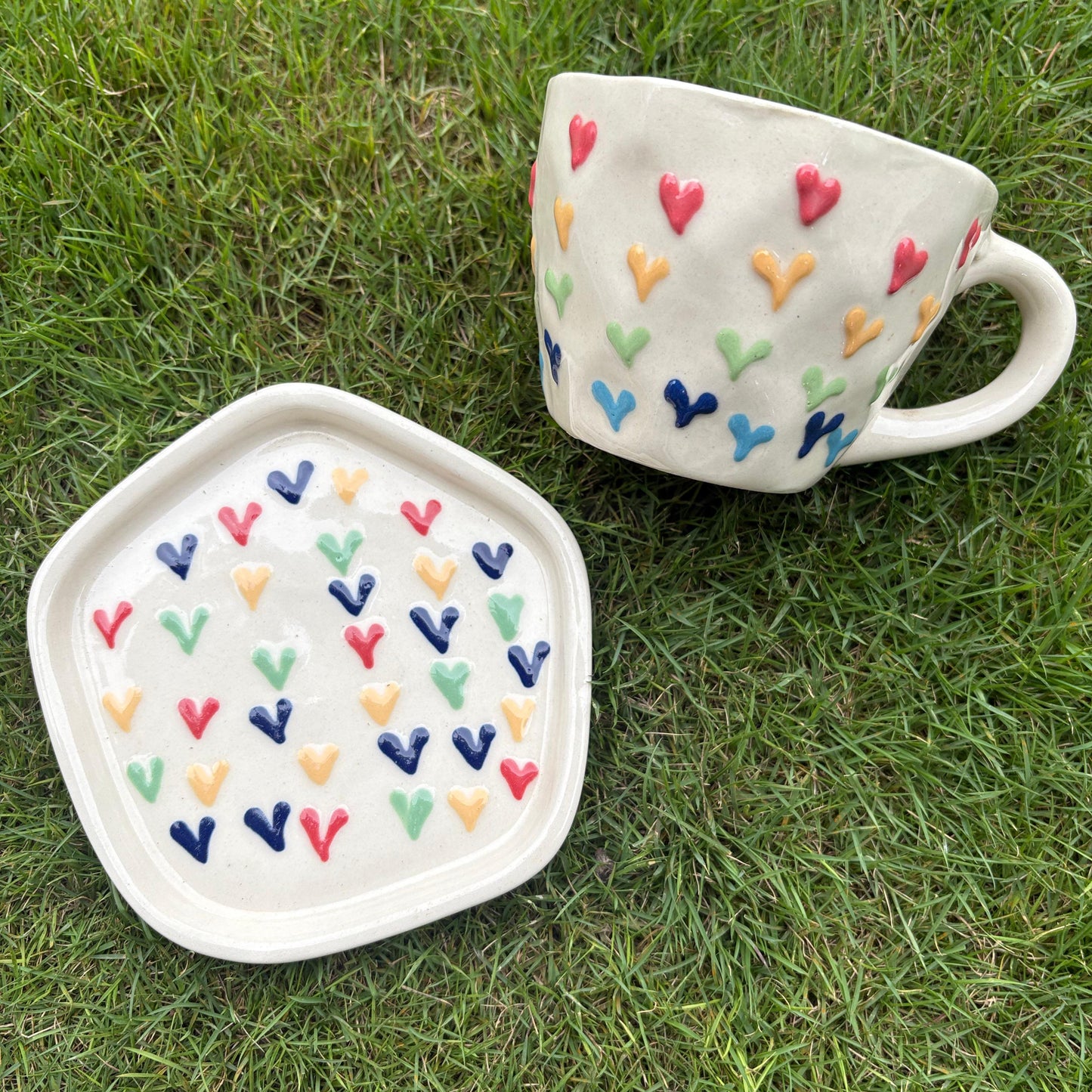 multicolor heart cup and saucer
