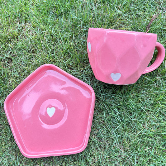 Pink heart cup and saucer, handmade ceramic cup and saucer in pink