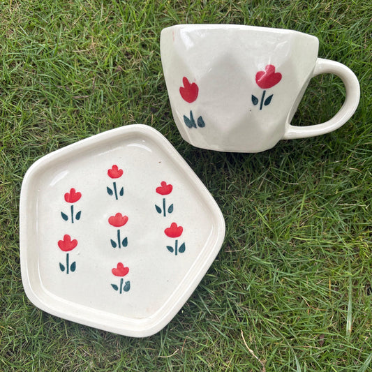 Red Flower cup and saucer, handmade ceramic cup and saucer in red