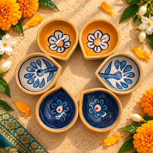 Handcrafted Floral Ceramic Diya Set