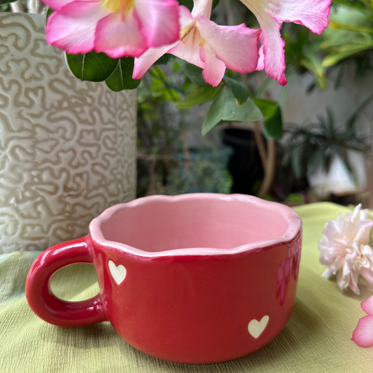 Heart Cappuccino Mug, handmade ceramic mug in red, view 2