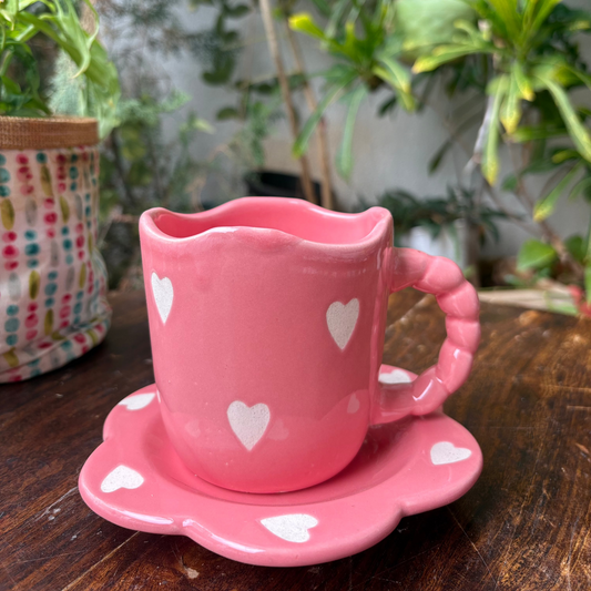 Pink Bracelet Mug & Saucer, handmade ceramic cup and saucer in pink, view 2