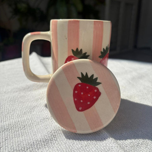 Strawberry Mug with Lid, handmade ceramic mug in pink, view 2