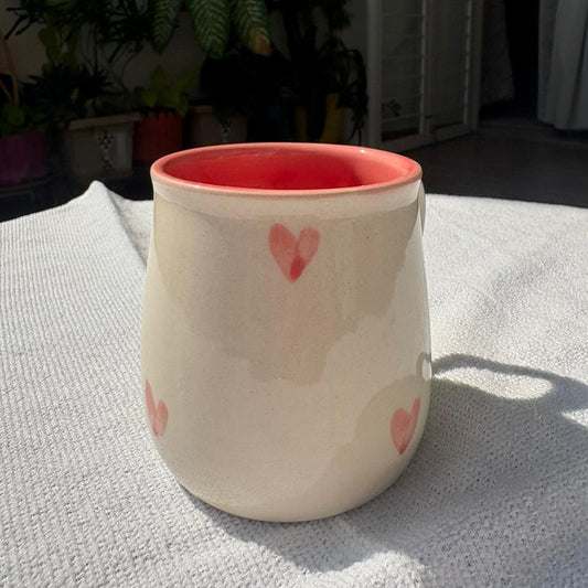 White Mug with Pink Hearts, handmade ceramic mug in pink, view 2