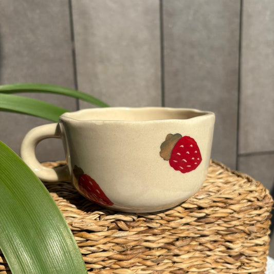 Strawberry Cappuccino Mug, handmade ceramic mug in beige, view 2