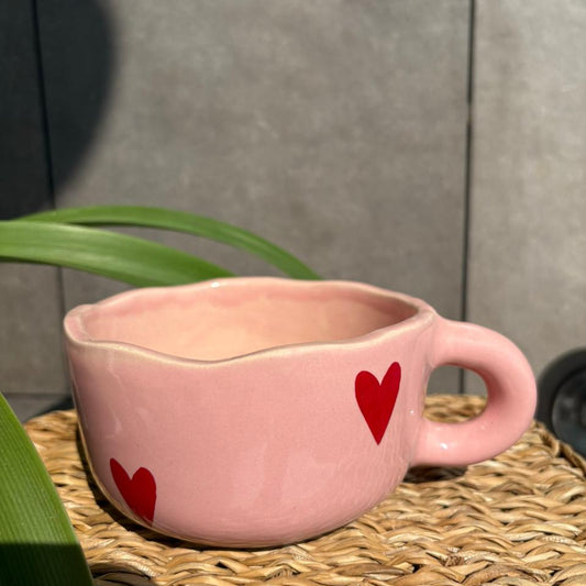 Pink Cappuccino Red Heart, handmade ceramic mug in pink, view 2
