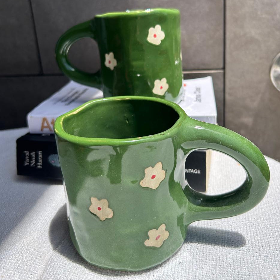 Green Mug with white Flower