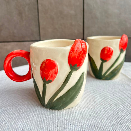 Spring Tulip Mug, handmade ceramic mug in red