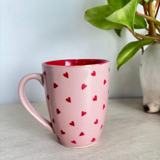 White Mug Red Hearts, handmade ceramic mug in red, view 2
