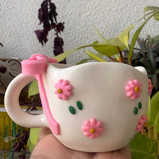 Bow Mug, handmade ceramic mug in pink, view 2