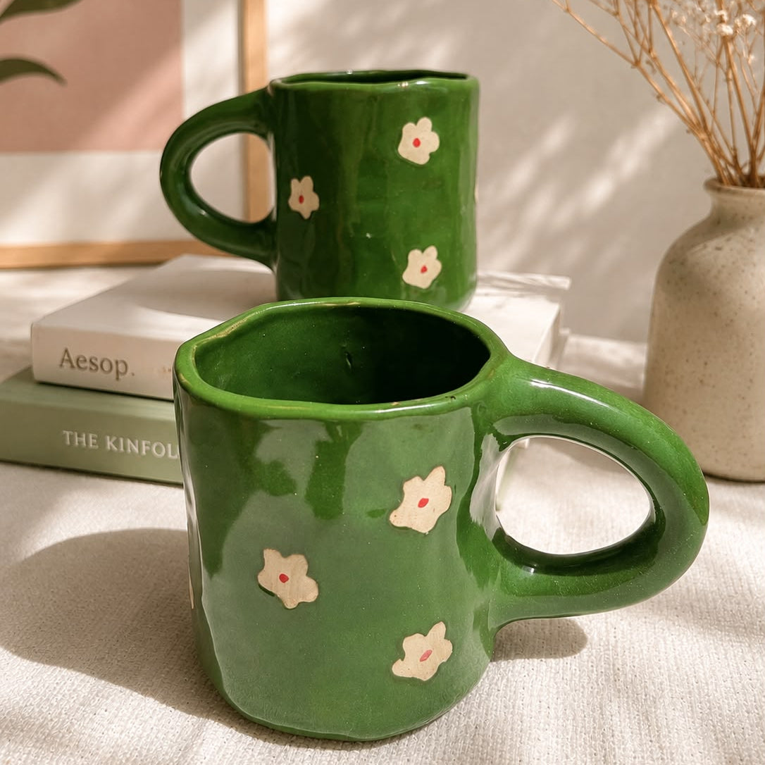 Garden Latte Mug, handmade ceramic mug in green, view 3